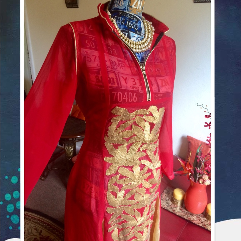 Red and Gold Embroidered Women's Dress - Picture 4 of 9